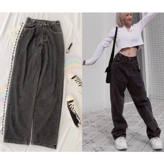 Quần Jeans Nữ Simple Jeans Lưng Cao Dáng Suông Ống Rộng Ulzzang [ Xanh Nhạt