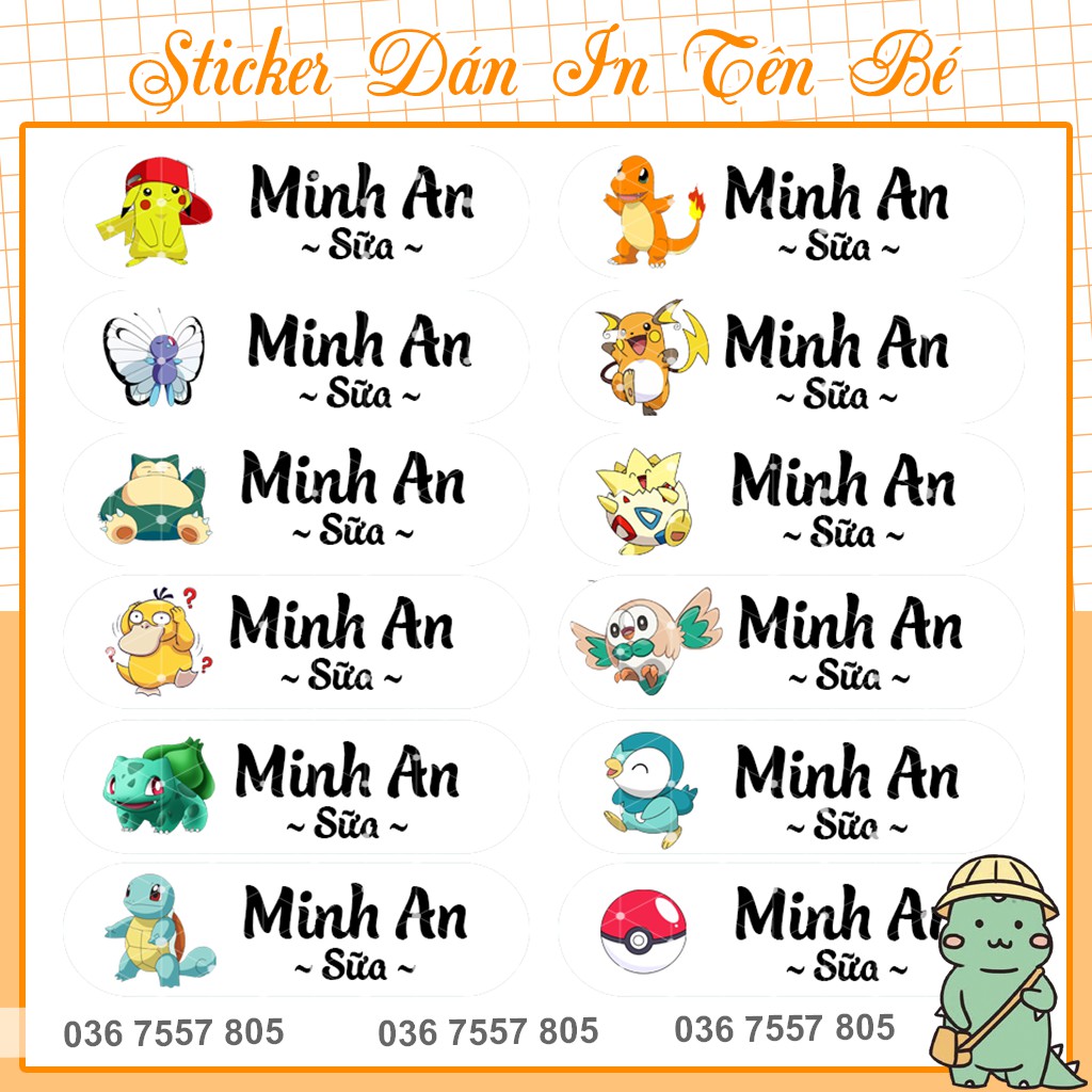 Tem Dán In Tên Bé - 96 nhãn dán - thiết kế theo yêu cầu - mẫu 12 hình - Sticker dán - Nhãn dán đồ dùng học tập cho bé