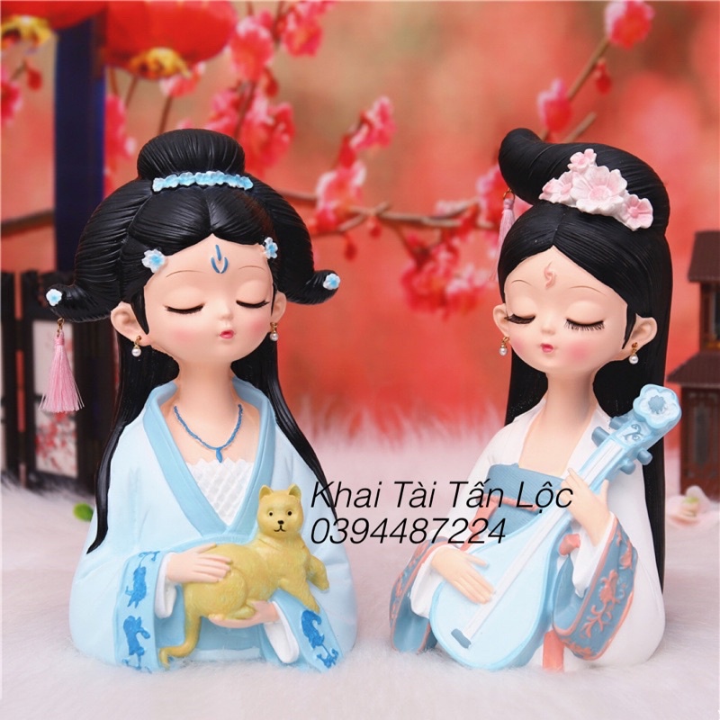 Tượng cô gái cổ trang ôm mèo cao 9,5cm
