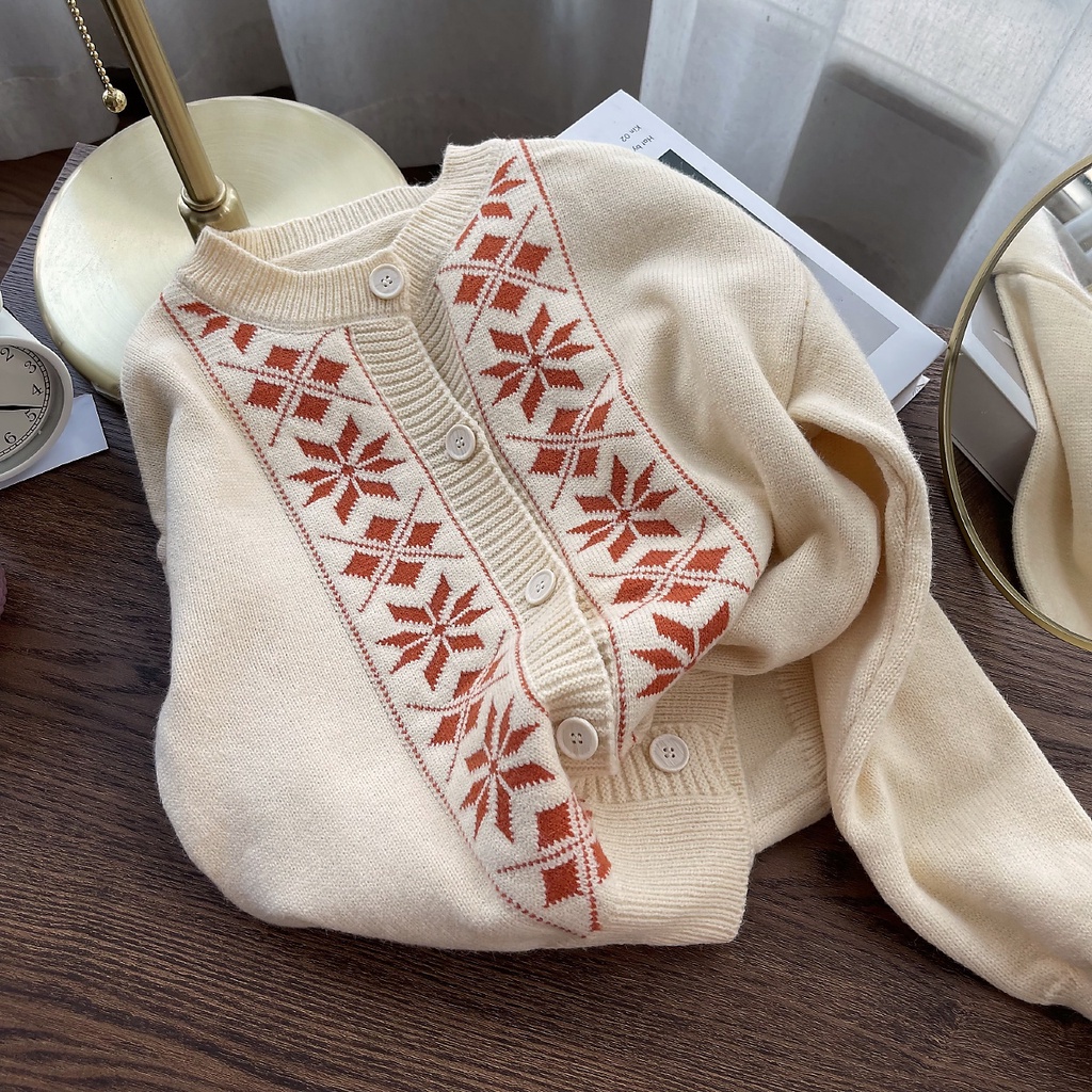 Áo khoác dệt kim tay dài họa tiết lá phong thiết kế mới thời trang dành cho mùa thu