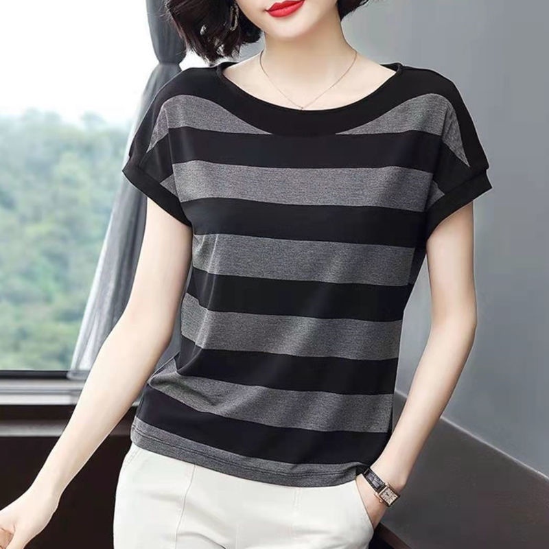 Áo thun tay ngắn dáng rộng họa tiết kẻ sọc thời trang mùa hè cho phụ nữ trung niên