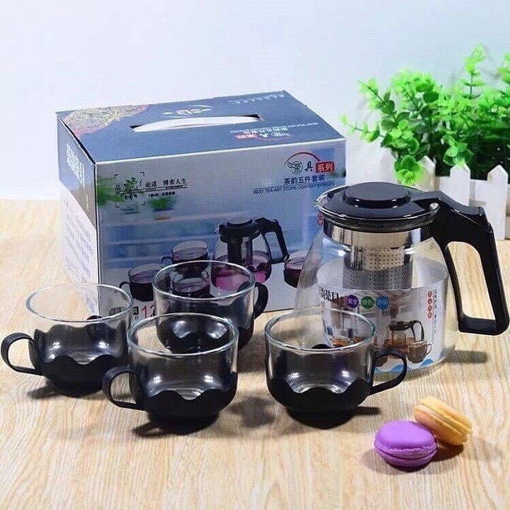 Bình Lọc Trà Thủy Tinh Tặng Kèm 4 Ly Sang Trọng - CÓ LÕI LỌC TRÀ INOX - BÌNH PHA TRÀ CHẾ CAFE TIỆN LỢI 2in1 Đẳng Cấp Re