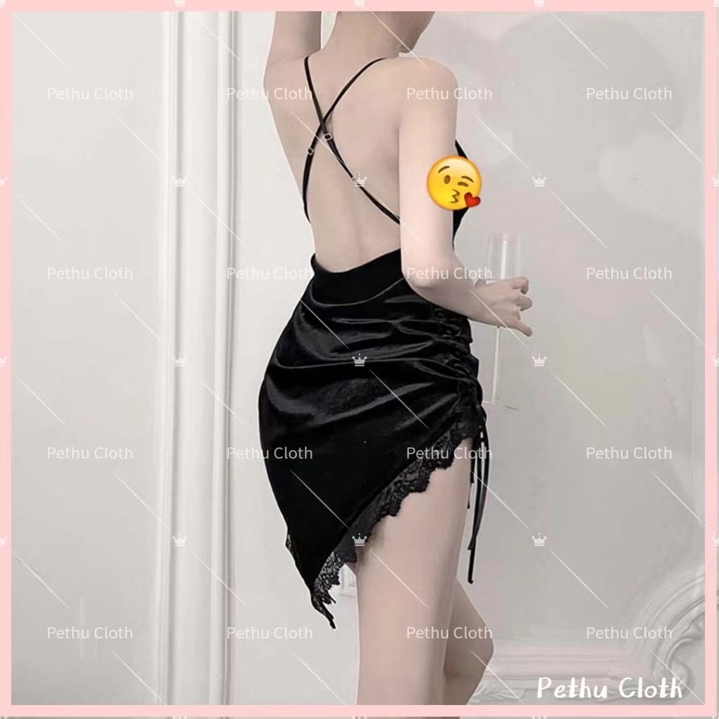 ( Q1,HCM）Đồ Váy ngủ sexyBộ Ngủ 2 Dây Chéo Lưng Màu Đen Free Size 40-65kg - ( ảnh thật) 40-65kg--014