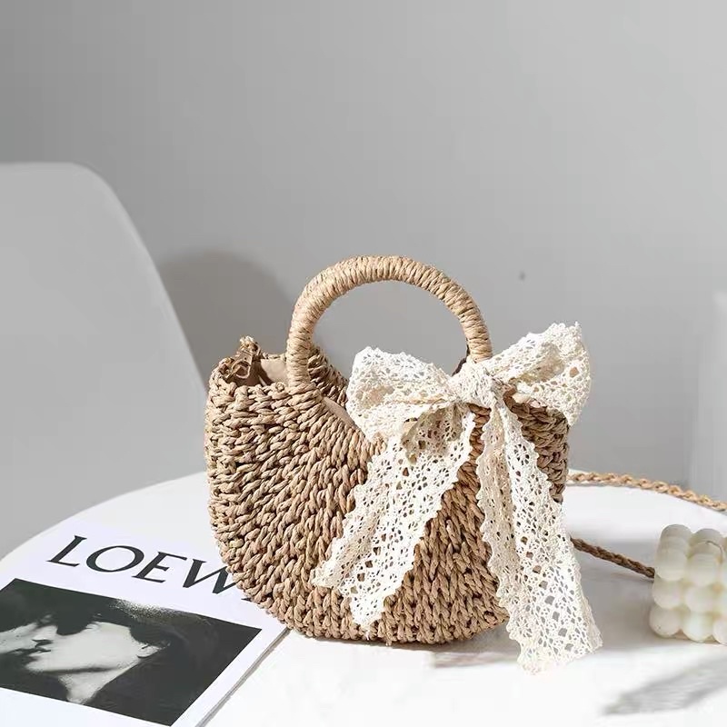 Túi cói bán nguyệt nơ ren đi biển vintage cho nữ