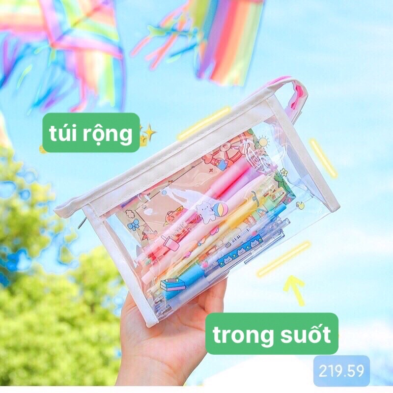 Túi đựng bút, mỹ phẩm trong suốt viền màu (tặng kèm sticker)