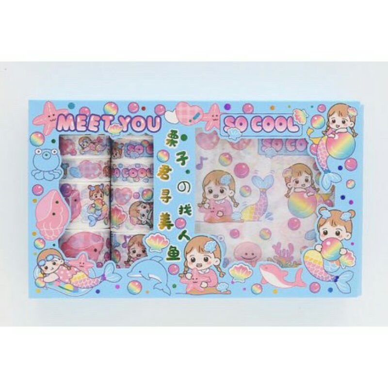 Hộp 10 Wasi tape và 10 sticker theo chủ đề đáng yêu
