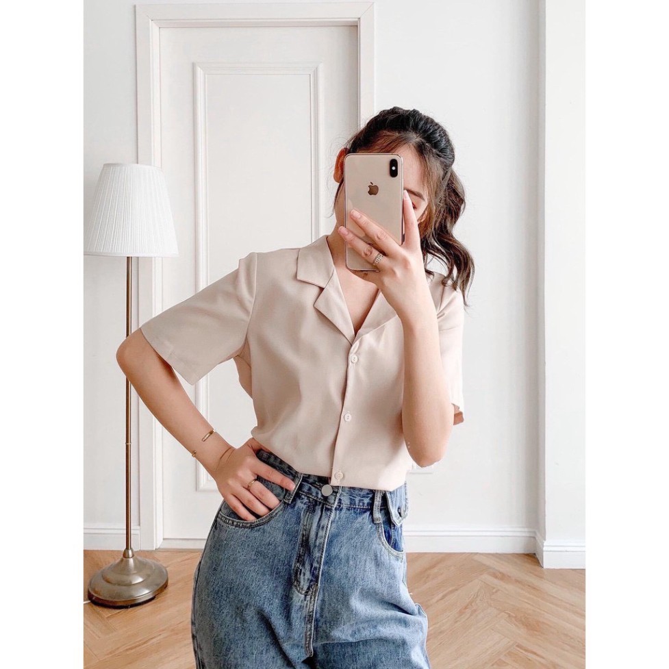 Áo sơ mi  Hàn mịn tay ngắn, tay cộc nhiều màu xiao-  cổ vest trơn quốc dân - cổ vest trơn