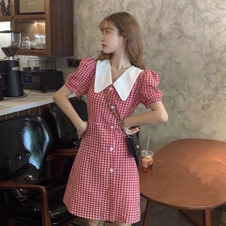 Váy Caro cổ bèo cúc chéo