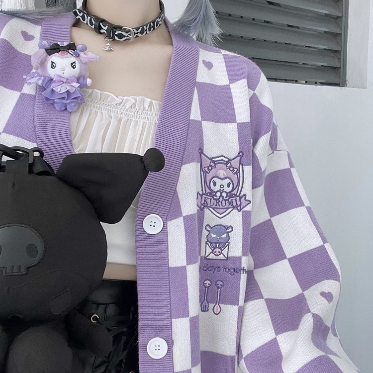 My Melody Kawaii Japanese Harajuku Cinnamon Dog Kuromi JK Loose Sweater Checkerboard Sweet Cute Cardigan