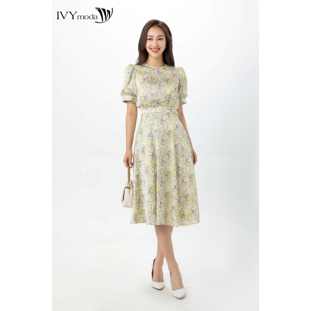 Đầm lụa xòe tay phồng IVY moda MS 48M7378