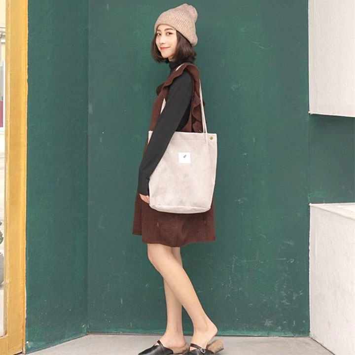 Túi tote vải canvas có khóa phong cách Hàn Quốc