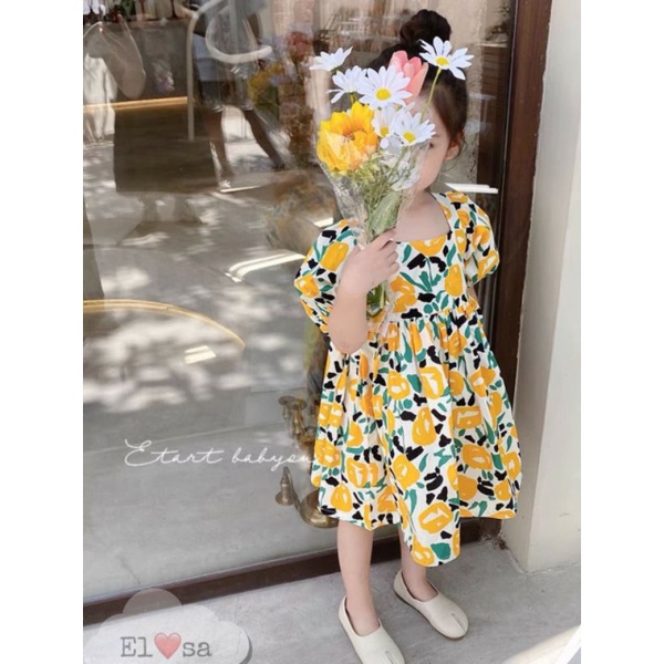 Váy hè bé gái - Váy hoa 2 màu đan dây chéo sau lưng tay bồng siêu xinh cho bé 1-5 Tuổi