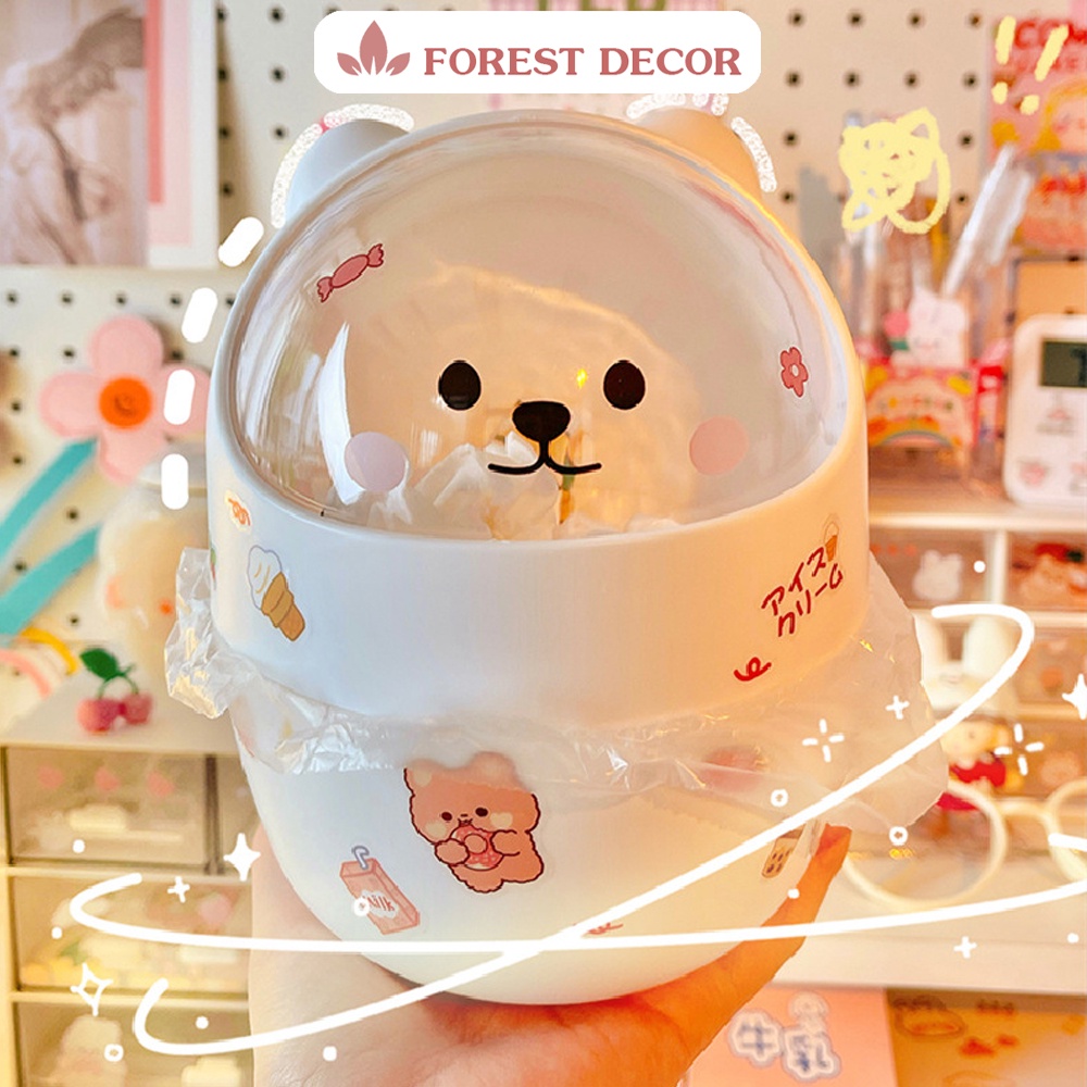 Thùng rác mini để bàn học, bàn làm việc có nắp thông minh hình gấu FD001 (tặng kèm sticker)