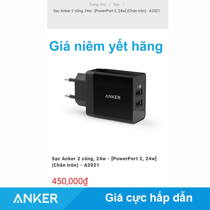 Củ sạc nhanh iphone anker 24W A2021 2 cổng usb chính hãng cho ipad ip 6 7 8 plus x xs xr 11 12 13 promax - tistore