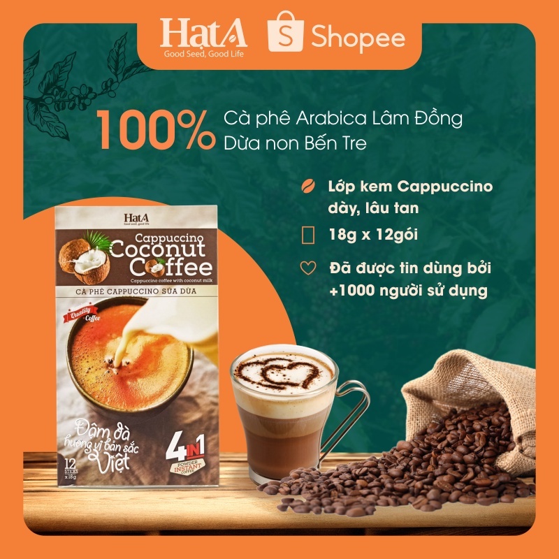 Cà phê hòa tan Cappuccino Hạt A Cafe 4in1 vị sữa dừa tự nhiên 216gr/12 gói