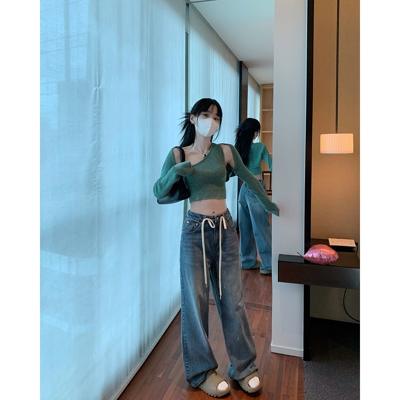 Porozi  Quần denim  ống suông lưng cao thời trang Hàn Quốc dành cho nữ