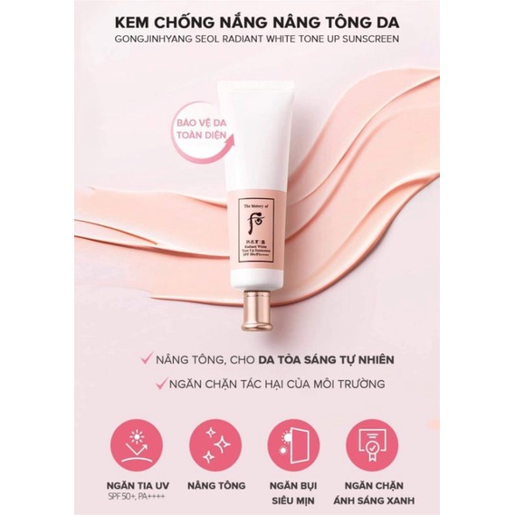 Set kem chống nắng dưỡng trắng mờ thâm nám Whoo Radiant White Tone Up Sunscreen SPF50+/ PA++++ 50ml