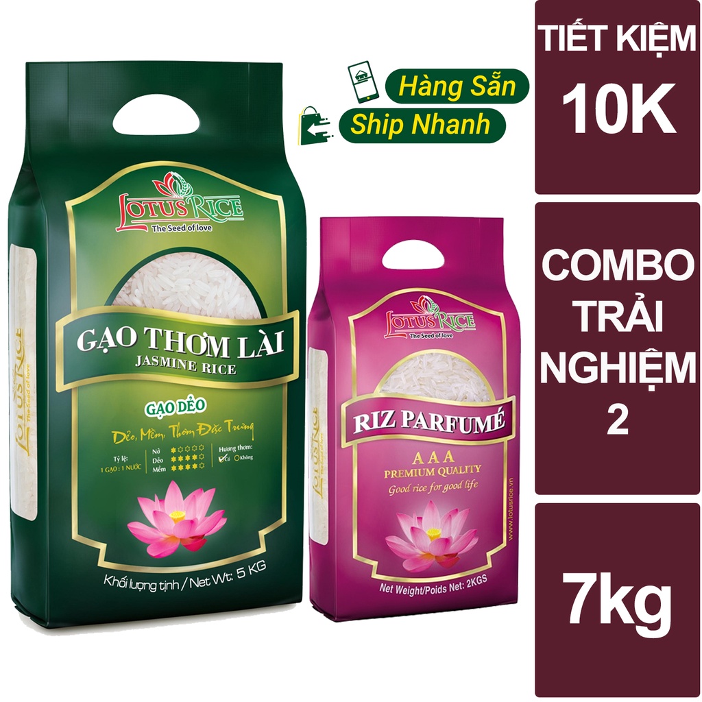 Combo Trải Nghiệm 2 (5kg gạo Lotus Rice Thơm Lài + 2kg gạo Nàng Sen Thượng Hạng ST24 = tổng 7kg)