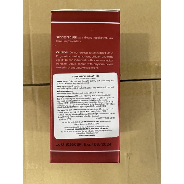Viên uống giảm cân SUPER AFRICAN MANGO 1200 ,Giảm cân an toàn hiệu quả không tác dụng phụ gây mệt mỏim