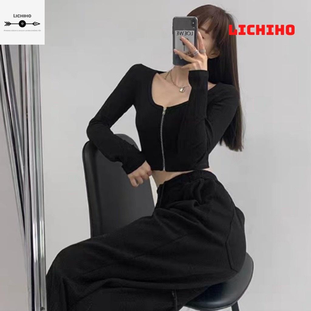 Áo croptop tay dài dây kéo ulzzang CT01 LICHIHO áo thun nữ tay dài quyến rũ | BigBuy360 - bigbuy360.vn