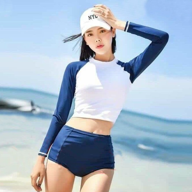 Bộ bikini , bộ đồ bơi nữ 2 mảnh dài tay màu xám nâu phong cách Hàn Quốc