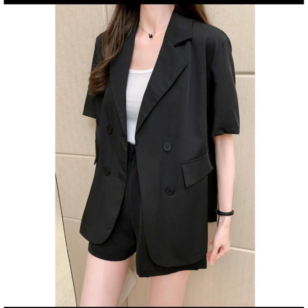 Áo vest-blazer vạt bầu cộc tay dáng suông vải trượt mặc mùa hè H100