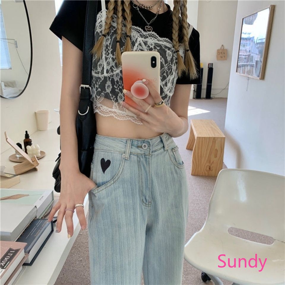 Quần Jean Dài Eo Cao Ống Suông Thiết Kế Phong Cách Hàn Quốc Ngọt Ngào Thời Trang Mùa Thu Dành Cho Nữ
