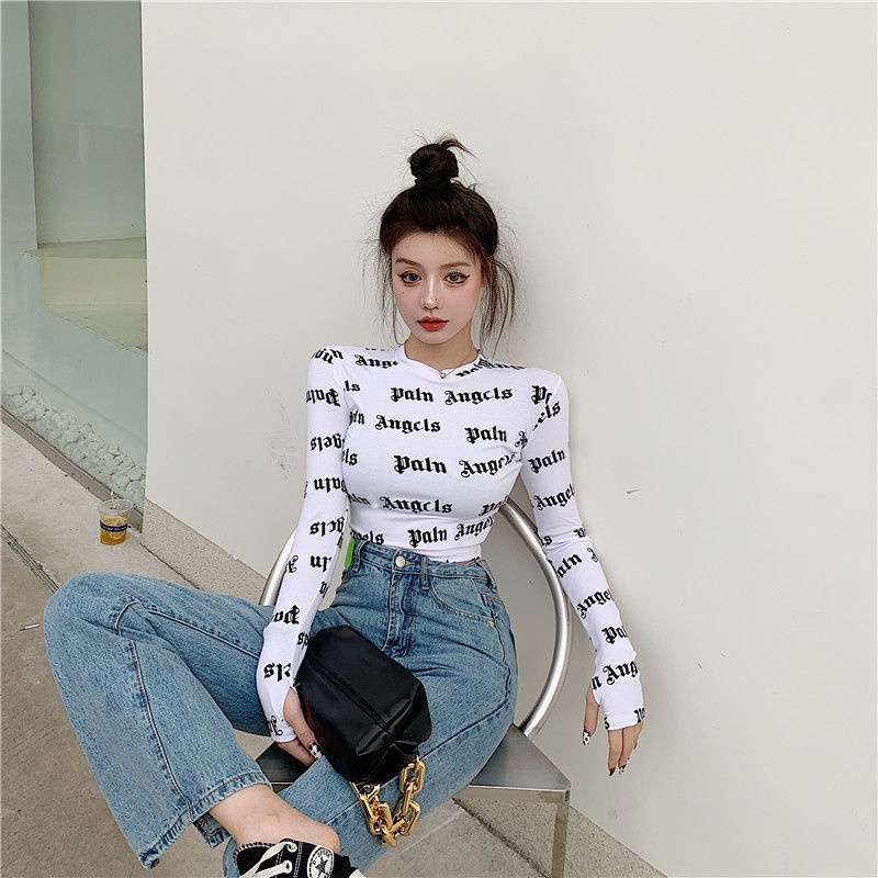 IELGY Áo Thun Lửng Tay Dài Dáng Ôm In Chữ Thời Trang Cho Nữ