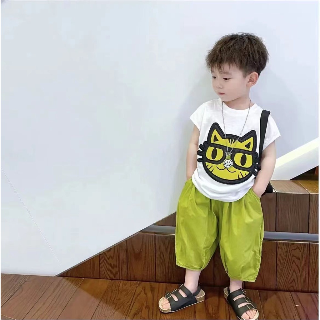 Bộ Áo Sát Nách + Quần Dài Chống Muỗi Thêu Họa Tiết Hoạt Hình Thời Trang Mùa Hè Cho Bé Trai