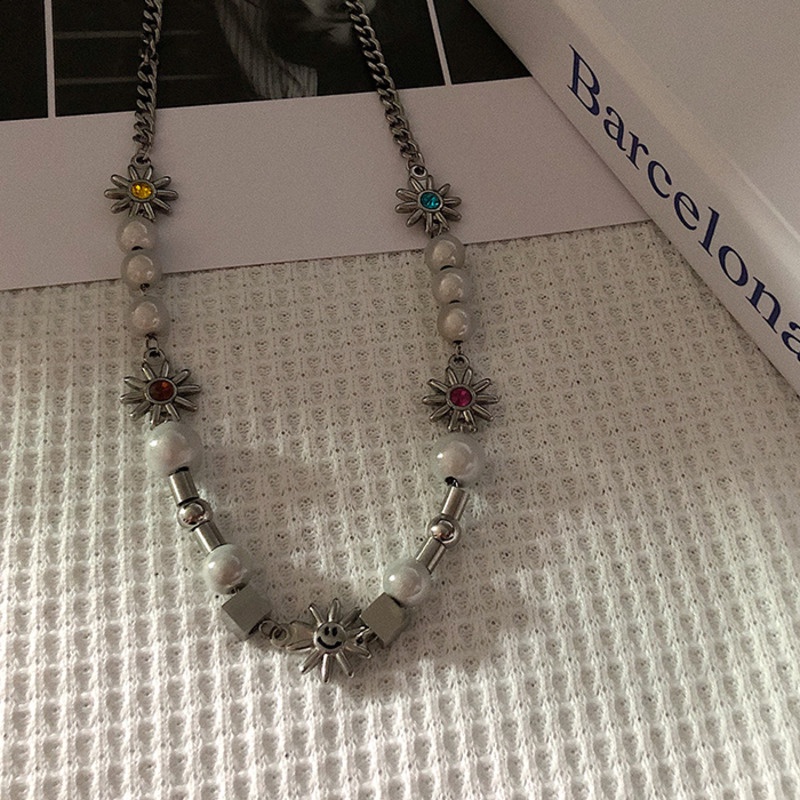 Dây Chuyền Mặt Trời Mặt Cười Đính Ngọc Trai Phản Quang Phong Cách Hiphop Sang Trọng 19A1292