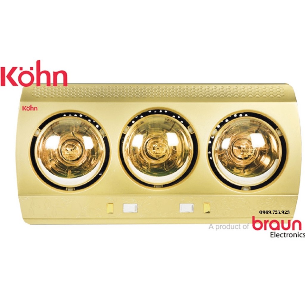 ⚡Sẵn Hàng⚡Đèn Sưởi Nhà Tắm 3 Bóng- Braun Kohn- Dùng cho phòng 4-6m2- Công suất 825w- Bảo hành 5 năm
