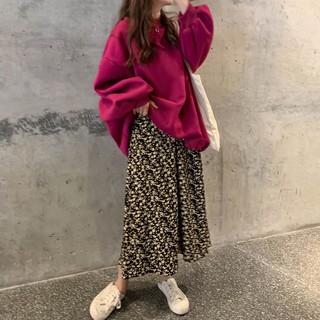 (ORDER) Set áo nỉ nữ form rộng màu hồng đậm+ Chân váy midi hoa nhí xòe dài vintage điệu đà Hàn Quốc