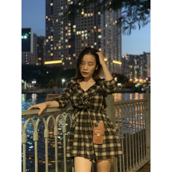 Jumsuit JENNIER sọc caro nâu đen dễ thương