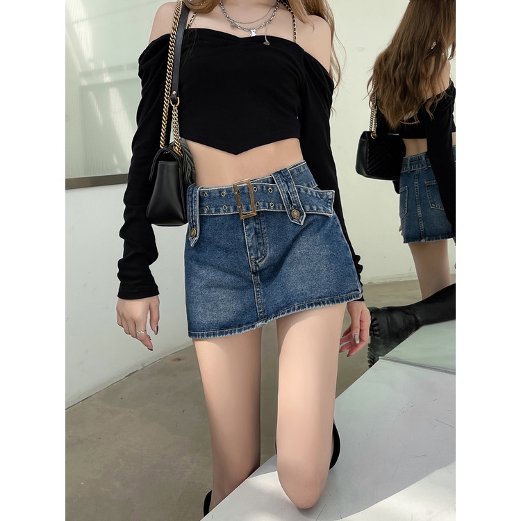 Cocory vn Chân váy jean lưng cao thời trang mùa hè cho nữ