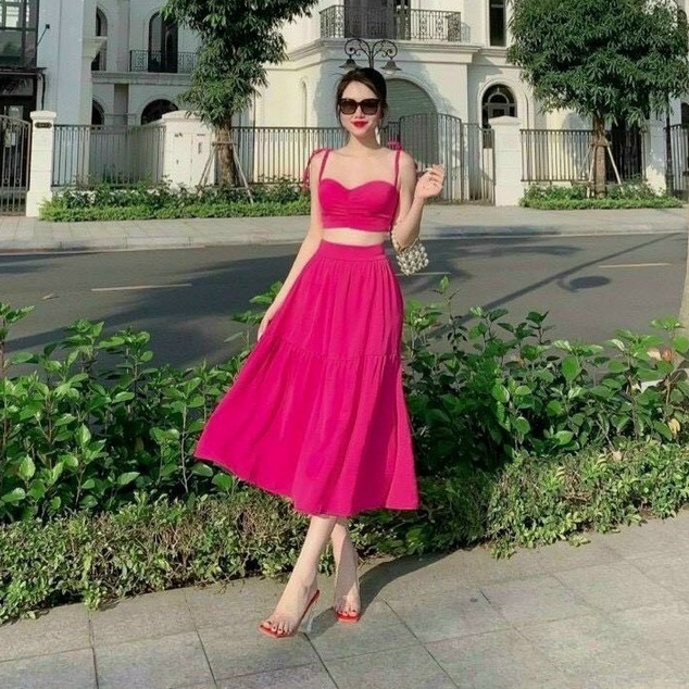 Sét Đồ Bộ Nữ Chật Liệu Đũi Áo 2 Dây Nhún Ngực ( Có Mút Ngực ) &amp; Chân Váy Dáng Xoè ( Có Lót Trong ) Thiết Kế Sang Chảnh A