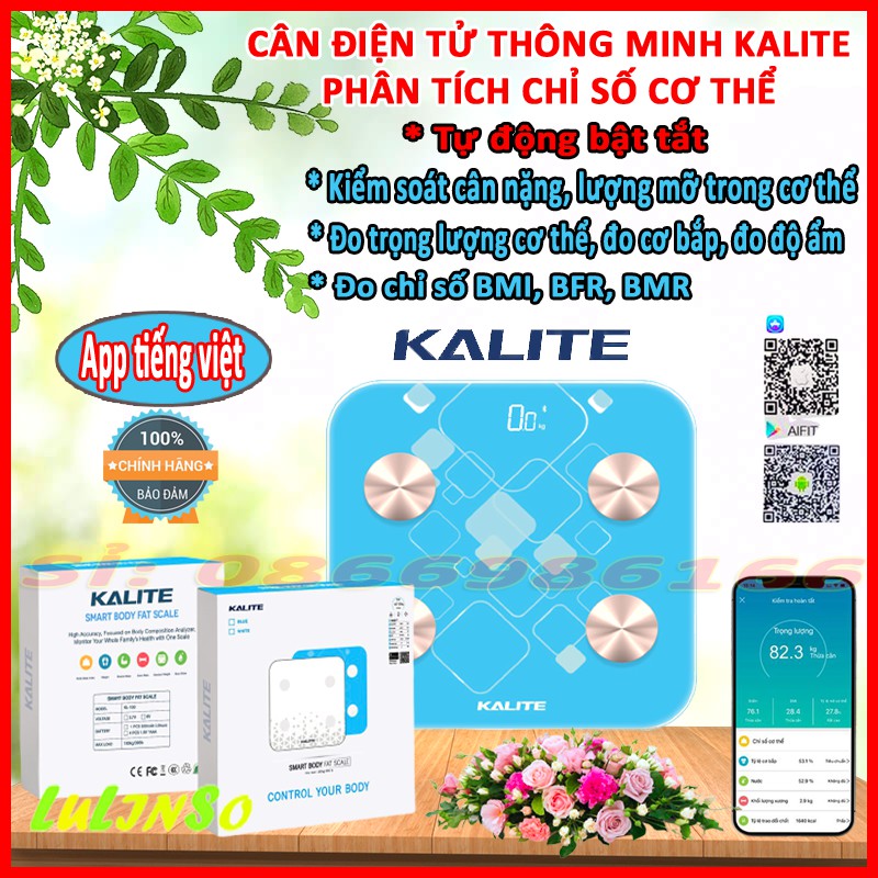 Cân Điện Tử Thông Minh KALITE 150 Kết Nối Bluetooth,Phân Tích Lượng Mỡ Chỉ Số Cơ Thể, Kết Nối App Tiếng Việt, Dễ Sử Dụng