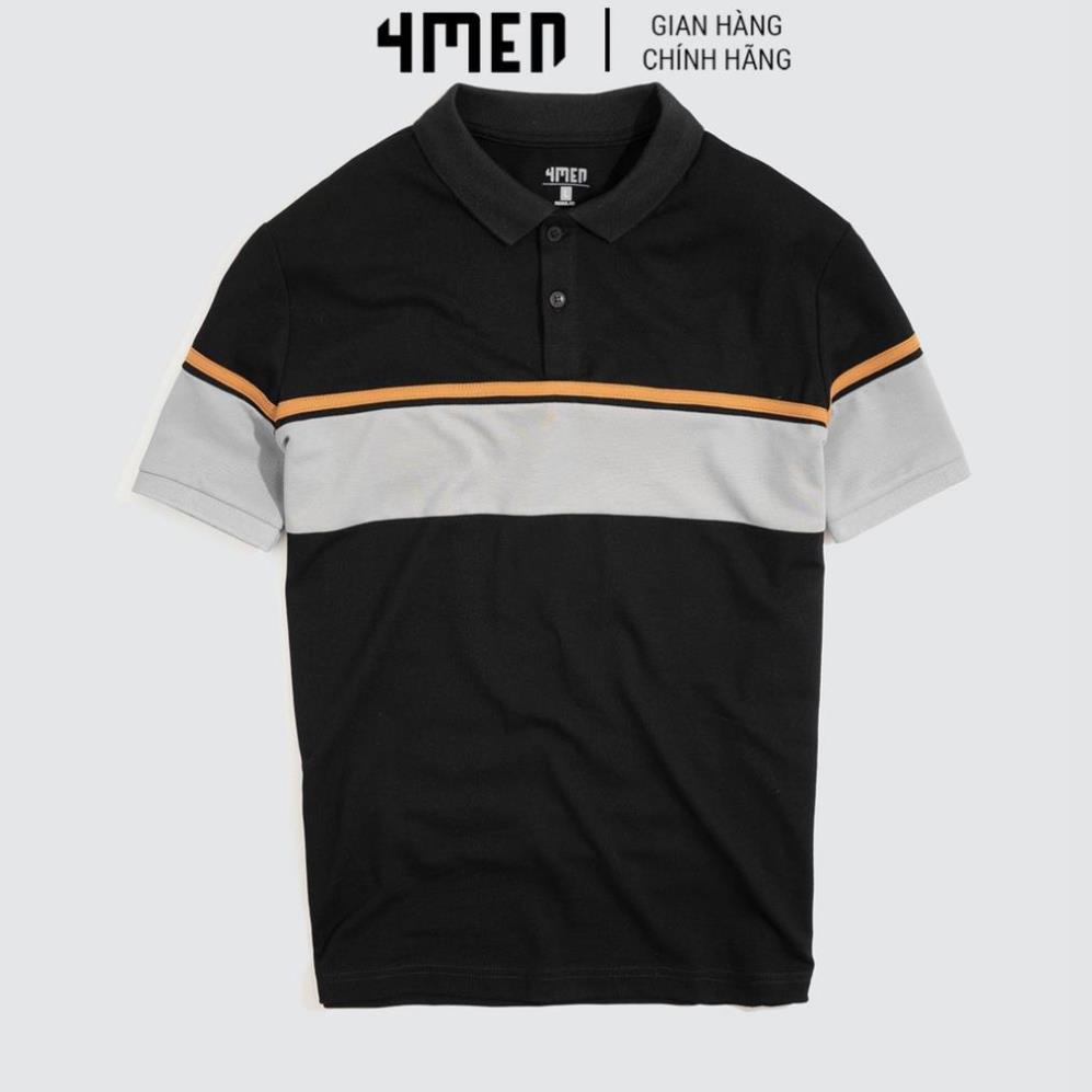 Áo thun polo nam có cổ đẹp 4MEN PO044 cổ trụ bẻ, vải cá sấu cotton cao cấp, phối màu kẻ ngang, chính hãng hàng hiệu ! !