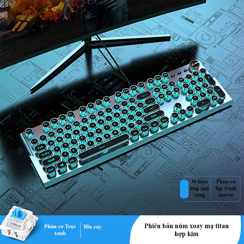 Bàn phím cơ Blue switch XinMeng K901, Bàn phím gaming chính hãng led RGB Phím tròn mạ bạc cá tính có núm xoay đa năng