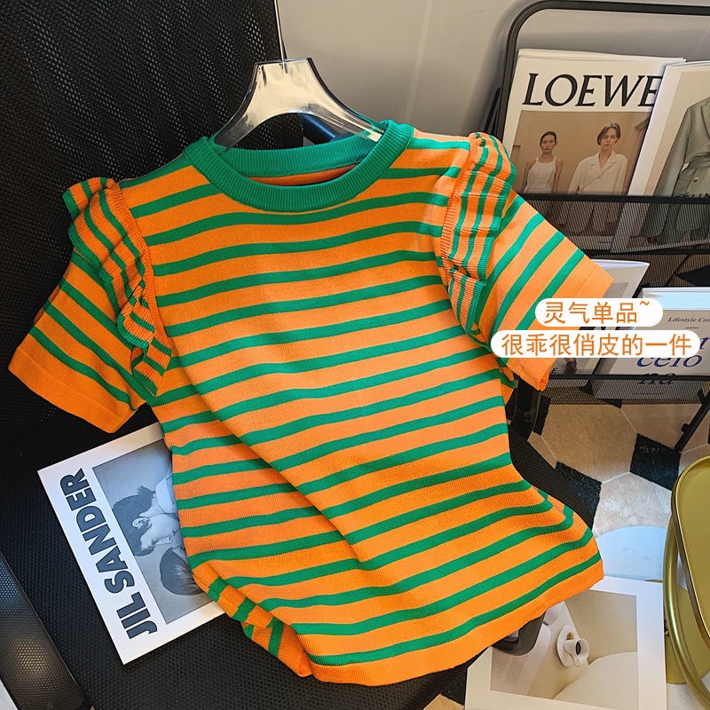 Áo Thun Dệt Kim Ngắn Tay Họa Tiết Kẻ Sọc Thời Trang Mùa Hè Cho Nữ