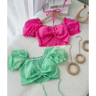 Áo croptop nhún chỉ cúp ngực cột dây nơ tay bo phồng