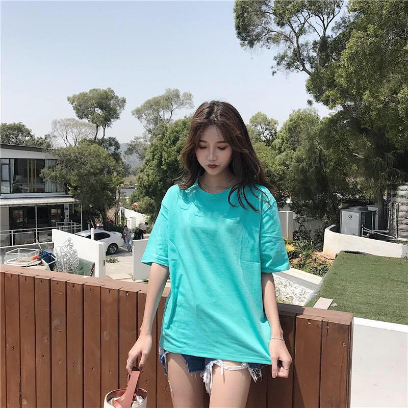 Áo thun nam nữ form rộng VHL, áo phông tay lỡ trơn màu Xanh Ngọc