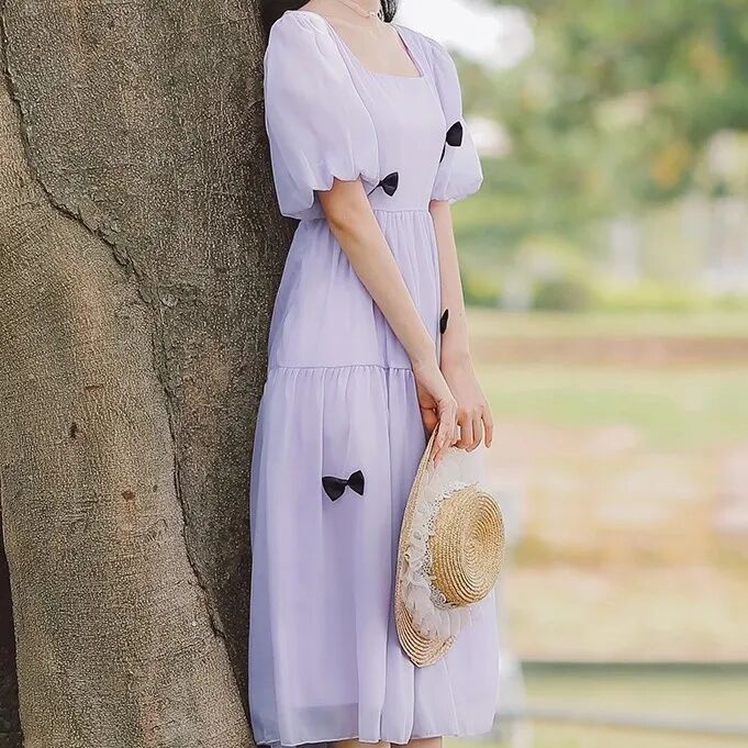 Đầm Công Chúa Cổ Vuông Dáng Dài Vải Tuyn Màu Tím Thời Trang Mùa Hè Hàn Quốc Cho Nữ váy sinh nhật váy cá tính