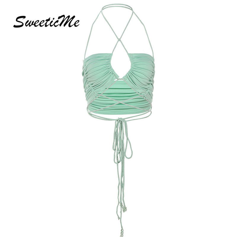 SweeticMe Women's 2021 New Design Neck Halter Straps Slim Sexy Umbilical Vest Women