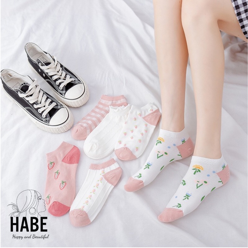 Set 6 đôi tất vớ nữ cotton Hàn Quốc cổ ngắn khử mùi thông hơi hoạ tiết cute dễ thương HABE TV02