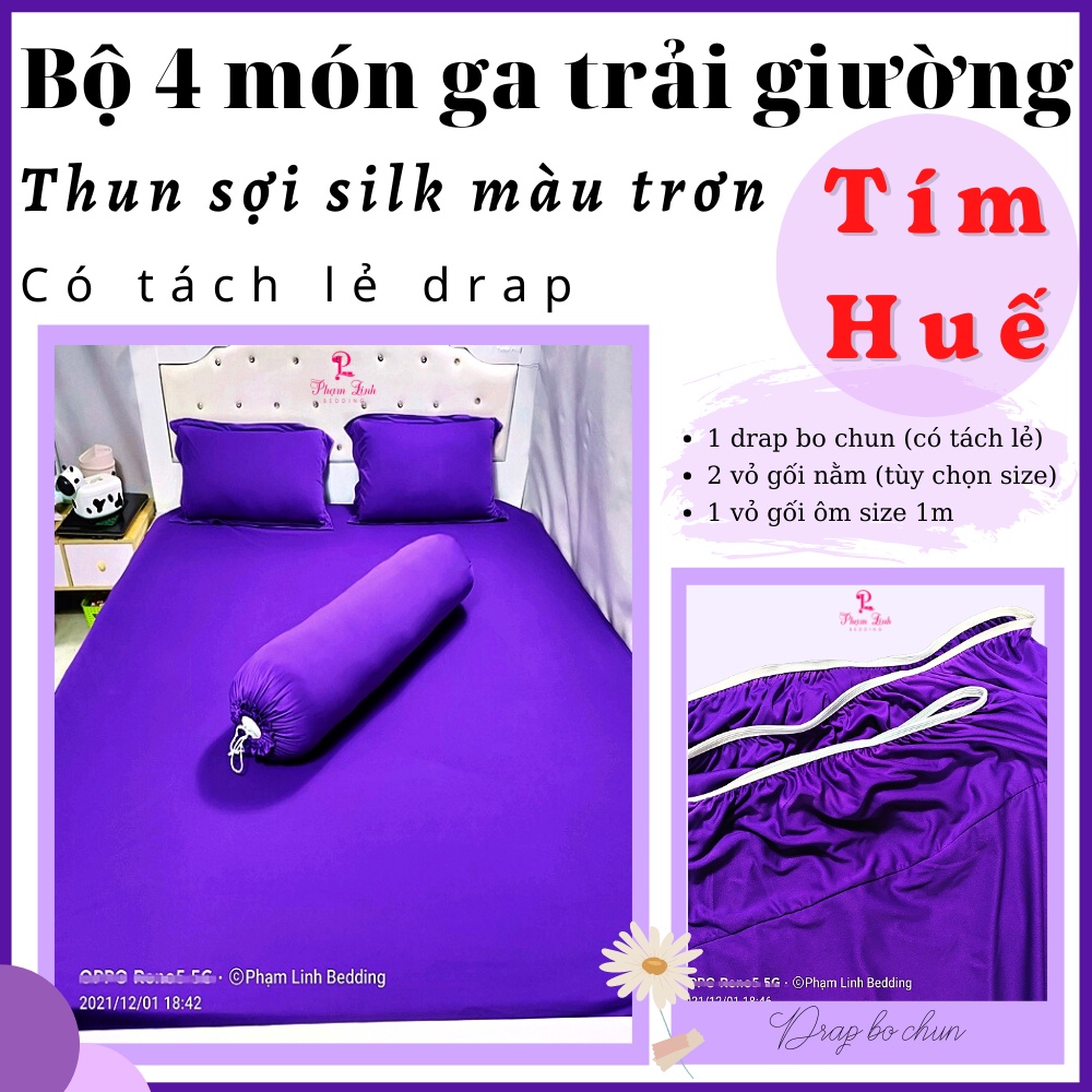 Bộ 4 món Drap-Ga trải giường bo chun vải thun sợi silk màu trơn có size lớn tách lẻ sản phẩm Bộ ga và vỏ gối