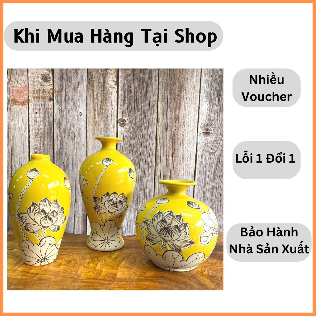 Lọ Hoa Decor Bộ Bình Hút Lộc - BÁT TRÀNG men bóng vàng đỏ cô-ban , họa tiết hoa vẽ tay cao 25,19,15cm - GỐM SỨ TUTI