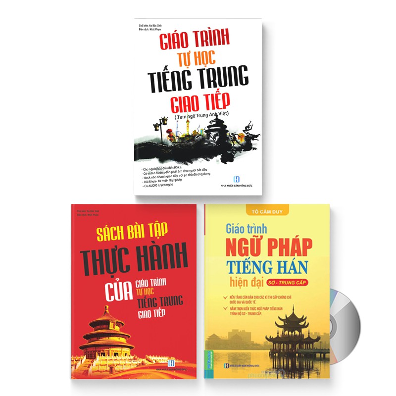 Combo 3 sách: Giáo trình tự học tiếng Trung giao tiếp + Sách bài tập thực hành + Giáo trình ngữ pháp tiếng Hán + DVD