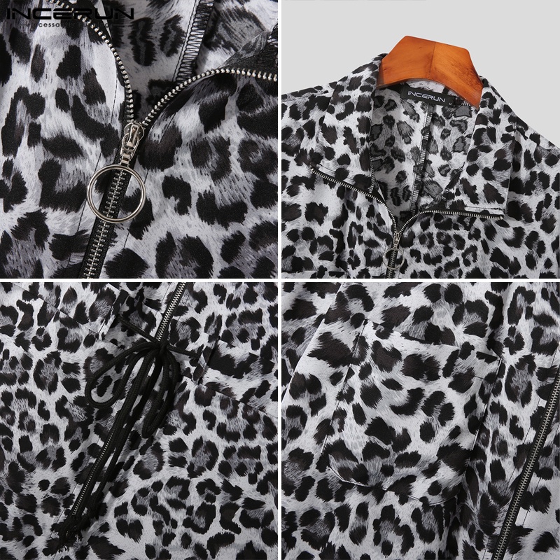 INCERUN Áo Liền Quần Tay Ngắn Dáng Rộng Họa Tiết Da Báo Thời Trang Cá Tính Cho Nam