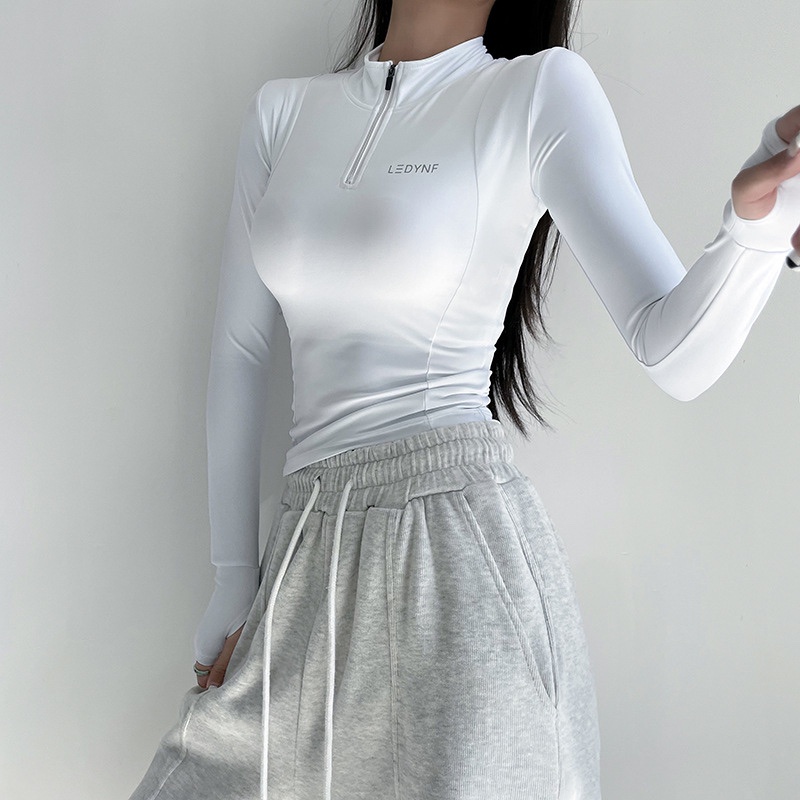 Áo thun thể thao ANRAN tay dài có khóa kéo một nửa và miếng đệm ngực tập yoga chạy bộ dành cho nữ