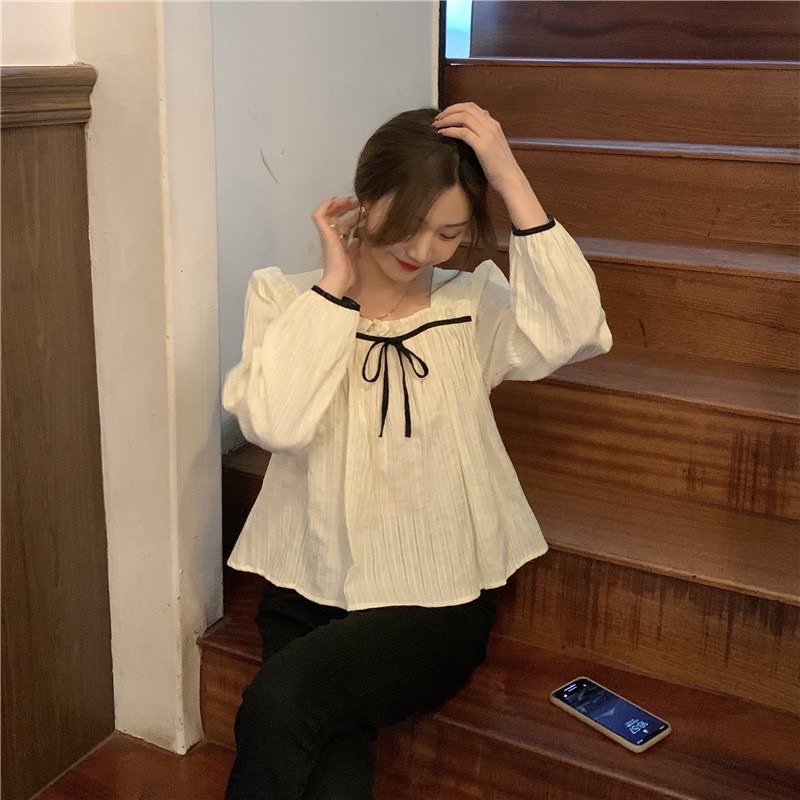 Áo sơ mi babydoll cổ vuông quảng châu